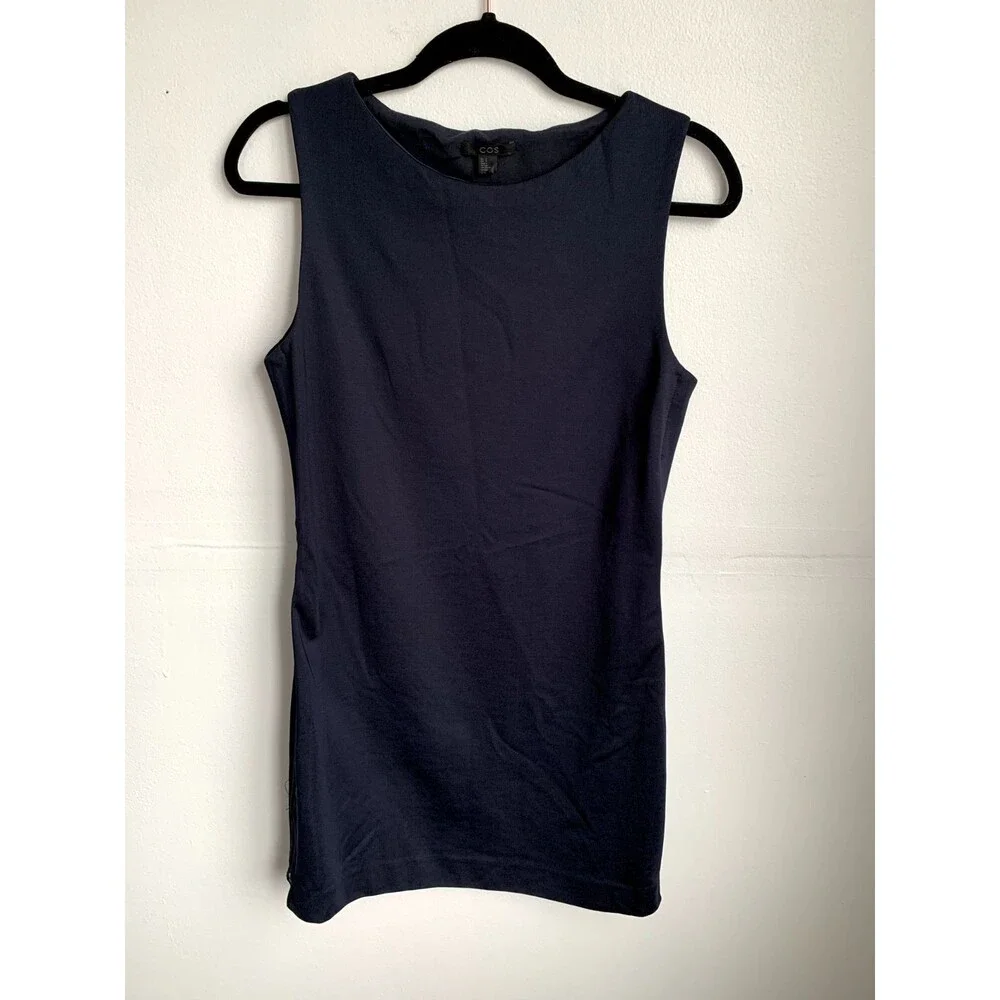 COS Navy Shift Dress Small Sleeveless Minimalist Zipper Detail‎ Modern Workwear